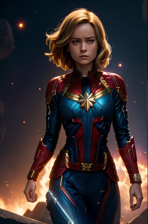 Brie Larson Captain Marvel marvel ,Bodybuilder, super strong, muscular, ABS, in background galaxy35mm lens, photography, ultra details, HDR, UHD,8K