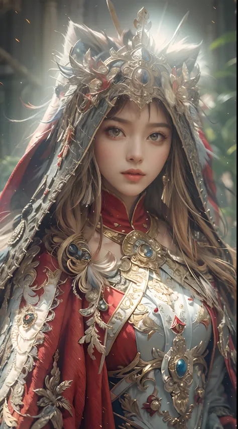 ((Masterpiece))), ((Best Quality))), ((Ultra Detailed)), (Surreal), (Highly Detailed CG Illustration), Cinematic Light, Realistic, Very Beautiful Young Lady,Sexy, Light Makeup,, Intricate Details EABA, Red Cloak, Spear