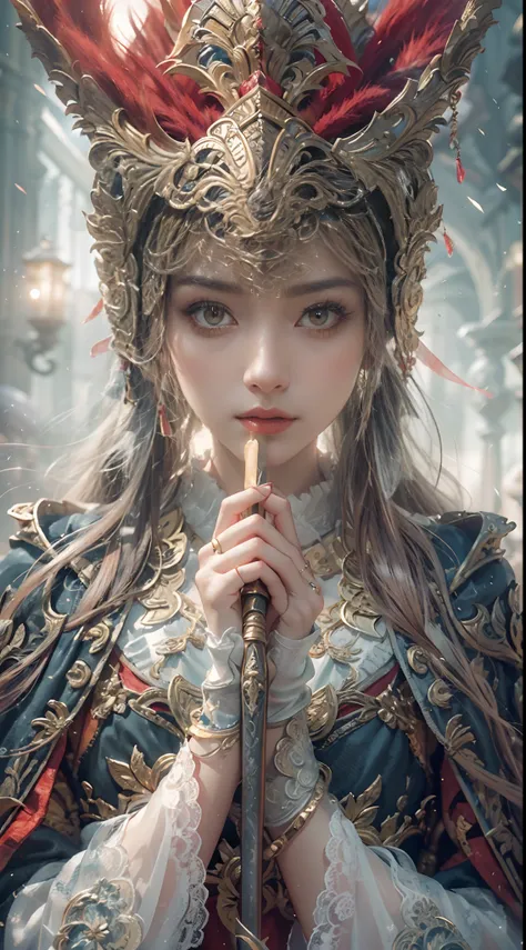 ((Masterpiece))), ((Best Quality))), ((Ultra Detailed)), (Surreal), (Highly Detailed CG Illustration), Cinematic Light, Realistic, Very Beautiful Young Lady,Sexy, Light Makeup,, Intricate Details EABA, Red Cloak, Spear