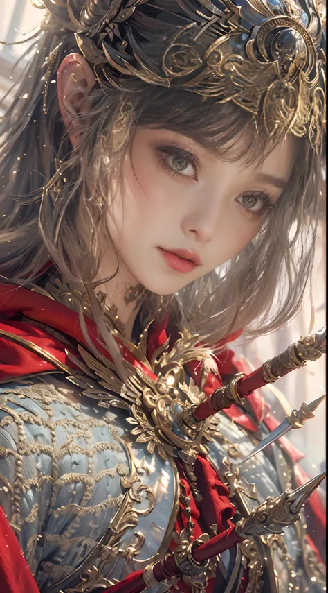 ((Masterpiece))), ((Best Quality))), ((Ultra Detailed)), (Surreal), (Highly Detailed CG Illustration), Cinematic Light, Realistic, Very Beautiful Young Lady,Sexy, Light Makeup,, Intricate Details EABA, Red Cloak, Spear