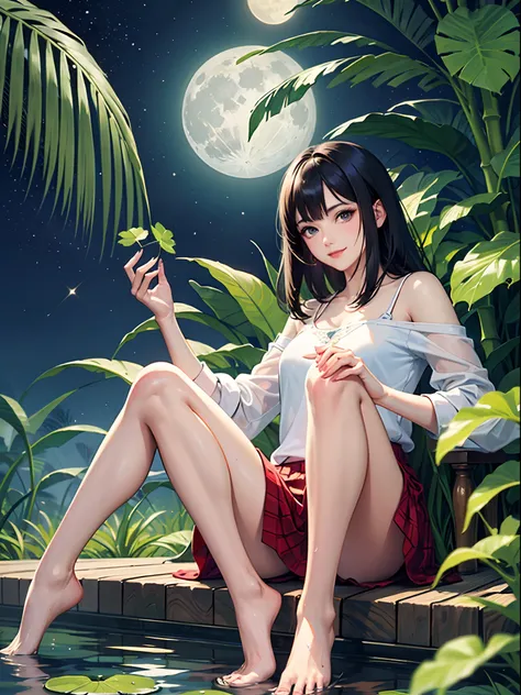 full_moon, leaf, moon, plant, potted_plant, bamboo, 1guy, handsome man, palm_tree, butterfly, bug, water, tanabata, branch, barefoot, night, lily_pad, tanzaku, soaking_feet, vines, solo, outdoors, tree, sitting, very short black hair, wet, flower, smile, i...