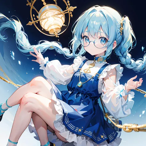 Light blue with light gold bangs，With a small ponytail and a small braid，The body is petite and tender，Very loli，Very small only，Black round glasses with thick frames，Red rope pendant，A childrens dress with light yellow and blue