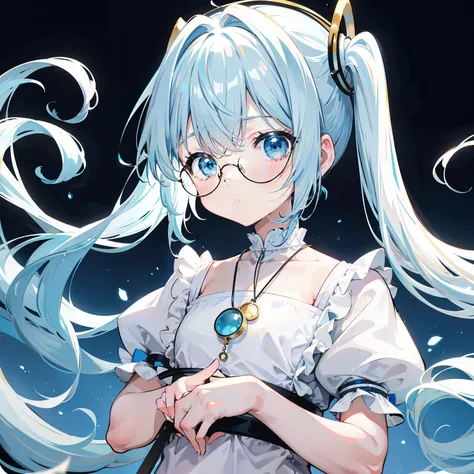 light blues，Light blond bangs，With a ponytail，With pigtails，The body is petite and tender，Very loli，Only very small，Black round glasses，Thick frame，Red rope pendant，Light yellow and blue childrens clothing