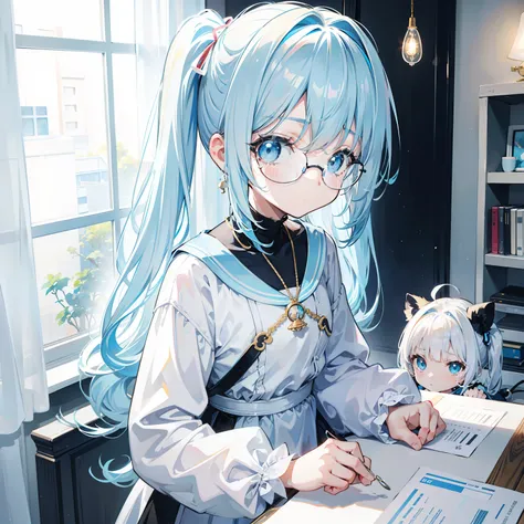 light blues，Light blond bangs，With a ponytail，With pigtails，The body is petite and tender，Very loli，Only very small，Black round glasses，Thick frame，Red rope pendant，Light yellow and blue childrens clothing