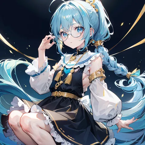 Light blue-gold bangs，With a small ponytail and a small braid，The body is petite and tender，Very loli，Very small only，Black round glasses with thick frames，Red rope pendant，A childrens dress with light yellow and blue