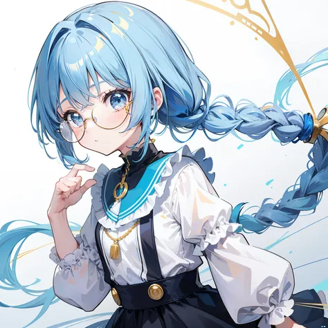 Light blue-gold bangs，With a small ponytail and a small braid，The body is petite and tender，Very loli，Very small only，Black round glasses with thick frames，Red rope pendant，A childrens dress with light yellow and blue