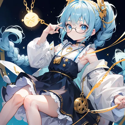 Light blue-gold bangs，With a small ponytail and a small braid，The body is petite and tender，Very loli，Very small only，Black round glasses with thick frames，Red rope pendant，A childrens dress with light yellow and blue