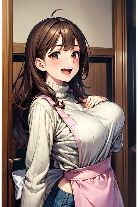 ((1girl in)), Curate, Anatomically correct, Super Detail, top-quality, Very delicate, The upper part of the body, Very petite and cute girl , (Breasts are big:1.5), very baby face, Brown hair, loose and fluffy semi-long hair, ((Cute apron)), White long sle...