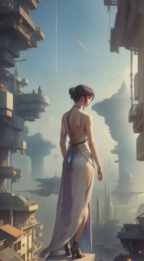 watercolor paiting,Rough watercolor,Panoramic distant view,Fantastic Escape,Back shot,Cyberpunk,Futuristic,There is a woman in an erotic dress standing on the balcony, Beeple and Alphonse Mucha, beeple and jean giraud, art nouveau octane render, artgem and...