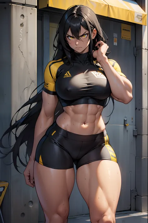 1 girl, solo, black, hair, extremely long hair, yellow eyes, angry, large breasts, thick thighs, curvy, wide hips, (muscular), toned body, crop top, bike shorts, navel, abs, concrete, sweaty