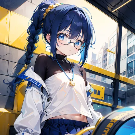 Blue-gold bangs，With a ponytail，With braids，The body is petite and tender，Very loli，Only very small，Black round glasses，Thick frame，Red rope pendant，Light yellow and blue childrens clothing