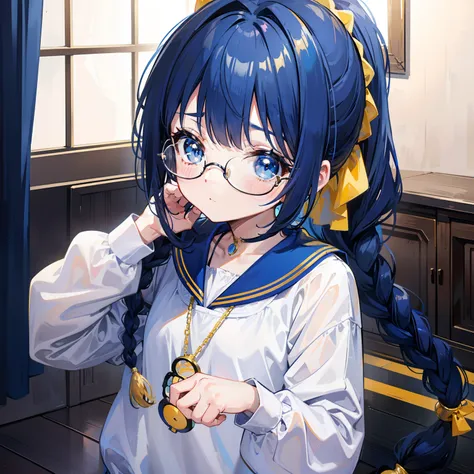 Blue-gold bangs，With a ponytail，With braids，The body is petite and tender，Very loli，Only very small，Black round glasses，Thick frame，Red rope pendant，Light yellow and blue childrens clothing