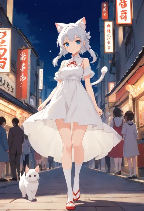 Stand barefoot，Masterpiece，long whitr hair，Extremely tall girls，A giantess，In the city，Full limbs，The face is delicate，White double ponytail，blue color eyes，White Lolita，Long-range shots，white stockings，There are cat ears on the head, white dresses， silber...