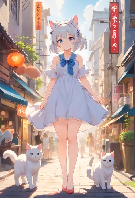 Stand barefoot，Masterpiece，long whitr hair，Extremely tall girls，A giantess，In the city，Full limbs，The face is delicate，White double ponytail，blue color eyes，White Lolita，Long-range shots，white stockings，There are cat ears on the head, white dresses， silber...