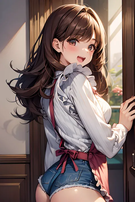 ((1girl in)), Curate, Anatomically correct, Super Detail, top-quality, Very delicate, The upper part of the body, Very petite and cute girl , (Breasts are big:1.5), very baby face, Brown hair, loose and fluffy semi-long hair, ((Cute apron)), White long sle...