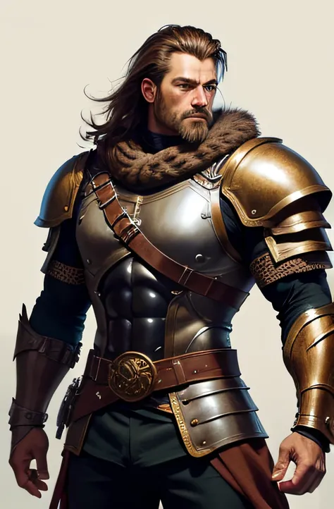 Human muscle Caucasian treasure hunter dressed in leather armor and wearing clawed gauntlet.