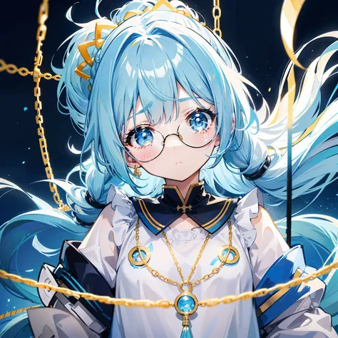 Light blue-gold bangs，With a ponytail，With braids，The body is petite and tender，Very loli，Only very small，Black round glasses，Thick frame，Red rope pendant，Light yellow and blue childrens clothing