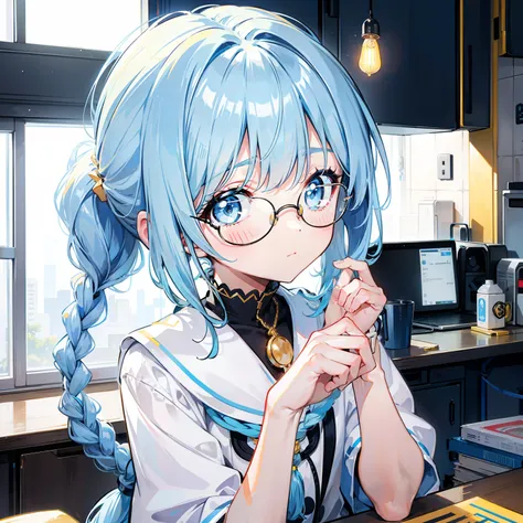 Light blue-gold bangs，With a ponytail，With braids，The body is petite and tender，Very loli，Only very small，Black round glasses，Thick frame，Red rope pendant，Light yellow and blue childrens clothing