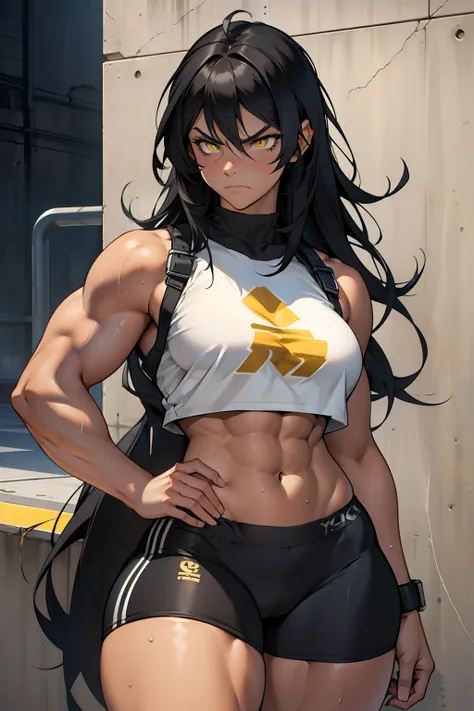 1 girl, solo, black, hair, extremely long hair, yellow eyes, angry, large breasts, thick thighs, curvy, wide hips, ((muscular)), toned body, crop top, bike shorts, navel, abs, concrete, sweaty