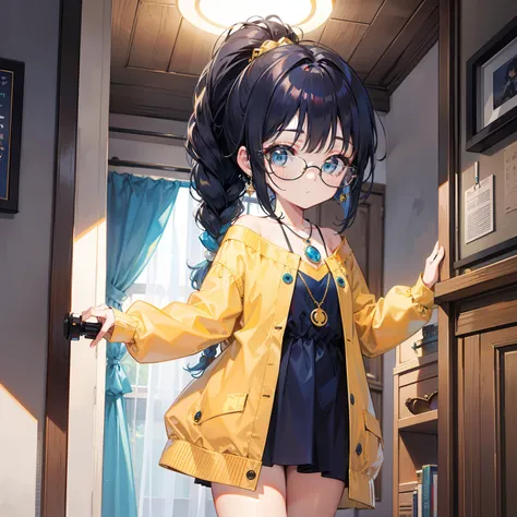 Light blue-gold bangs，With a ponytail，With braids，The body is petite and tender，Very loli，Only very small，Black round glasses，Thick frame，Red rope pendant，Light yellow and blue childrens clothing