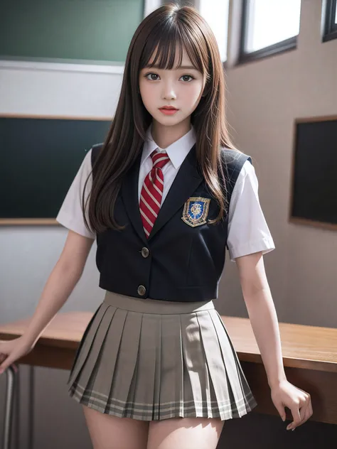 1young girls, extremely detailed CG unified 8k wallpaper, Highly detailed, High-definition raw color photos, Professional Photography, Realistic portrait, Cinematic Light, Bangs, (hi-school uniform, pleated mini skirt:1.3), School, classroom,