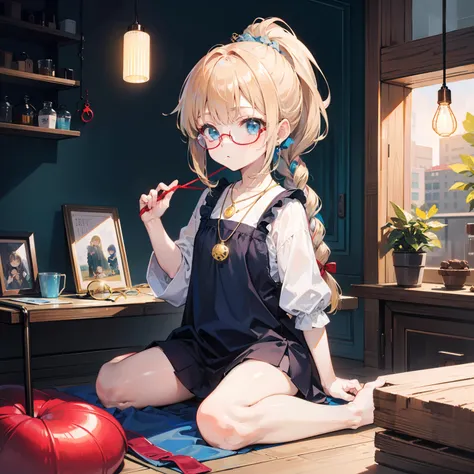 Light blue-gold bangs，With a ponytail，With braids，The body is petite and tender，Very loli，Only very small，Black round glasses，Thick frame，Red rope pendant，Light yellow and blue childrens clothing