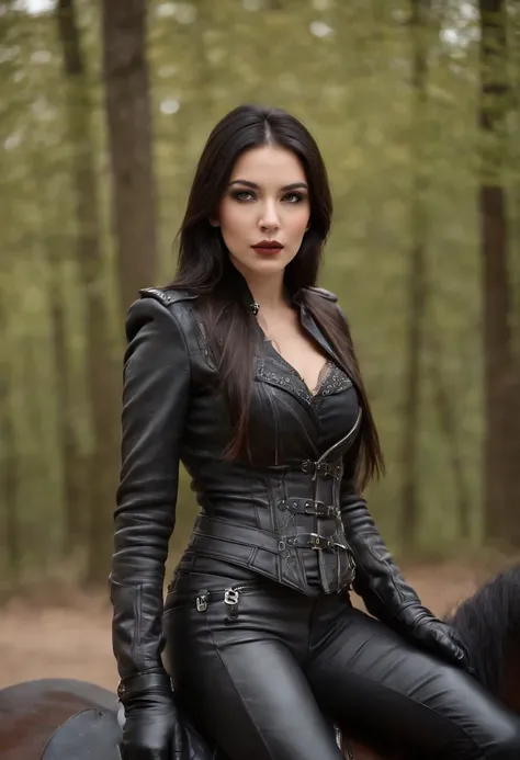 Black leather gloves　Black leather riders jacket　Black Leather Skinny Pants　Black leather long boots　Black Leather Neck Corset　Black straight hair　Venetian mask covering facial expressions