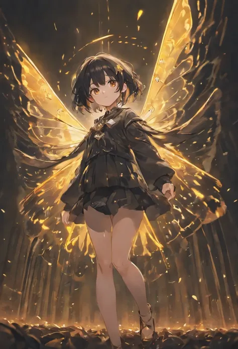 moth wings, white skin, dark theme, woman, short black hair, yellow eyes, moth antenna,