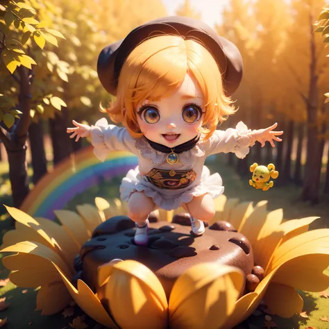 Cute Baby Chibi Anime,(((chibi 3d))) (Best Quality) (Master Price)、Leprechaun (Floating in mid-air:1.3), Fly over the autumn forest, Under no gravity, Birds Garden View、Open your mouth and smile、(Vivid big rainbow:1.3)、The dazzling sunshine of the morning ...