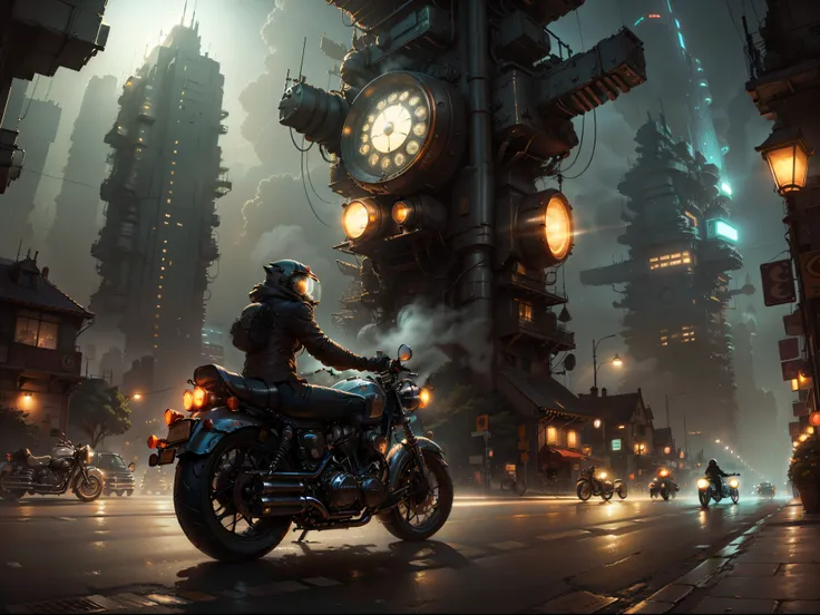 Imagine a futuristic city at night, shrouded in cosmic dust, while a biker on his vintage motorcycle cuts through the scenery. Capture cada detalhe da bicicleta, do brilho do potente motor aos reflexos das luzes da cidade, all in one high-resolution HDR im...