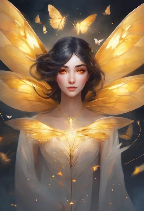 moth wings, white skin, dark theme, woman, short black hair, yellow eyes, moth antenna,