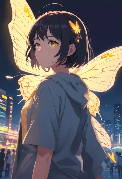 moth wings, white skin, dark theme, woman, short black hair, yellow eyes, moth antenna,