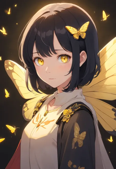 moth wings, white skin, dark theme, woman, short black hair, yellow eyes, moth antenna,