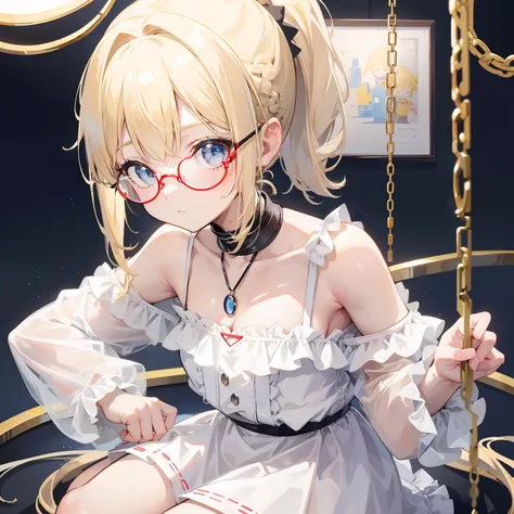 Light blond bangs，With a ponytail，With braids，The body is petite and tender，Very loli，Only very small，Black round glasses，Thick frame，Red rope pendant，Light yellow and blue childrens clothing