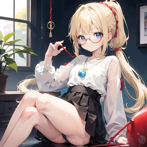 Light blond bangs，With a ponytail，With braids，The body is petite and tender，Very loli，Only very small，Black round glasses，Thick frame，Red rope pendant，Light yellow and blue childrens clothing