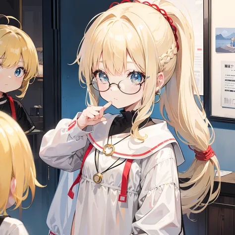 Light blond bangs，With a ponytail，With braids，The body is petite and tender，Very loli，Only very small，Black round glasses，Thick frame，Red rope pendant，Light yellow and blue childrens clothing