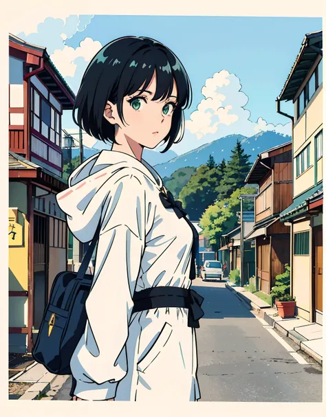 an anime girl with black hair in the japanese town, white hoodie, Azur Lane, mature girl, short hair, green eyes, medium breasts, in the style of vintage aesthetics, celebrity and pop culture references, animated gifs,gritty reportage,asante art, 32k uhd, ...