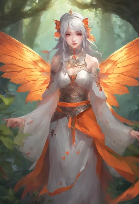 moth wings, white skin, wearing chongsam, grey hair, orange eyes, holding dagger, dark theme, forest background