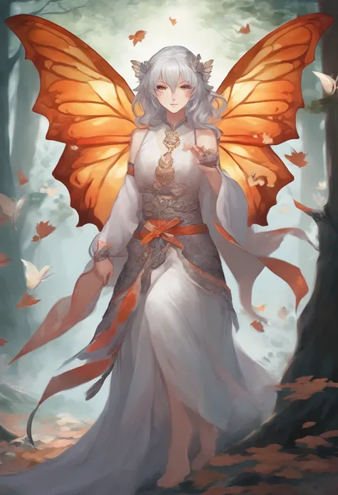 moth wings, white skin, wearing chongsam, grey hair, orange eyes, holding dagger, dark theme, forest background