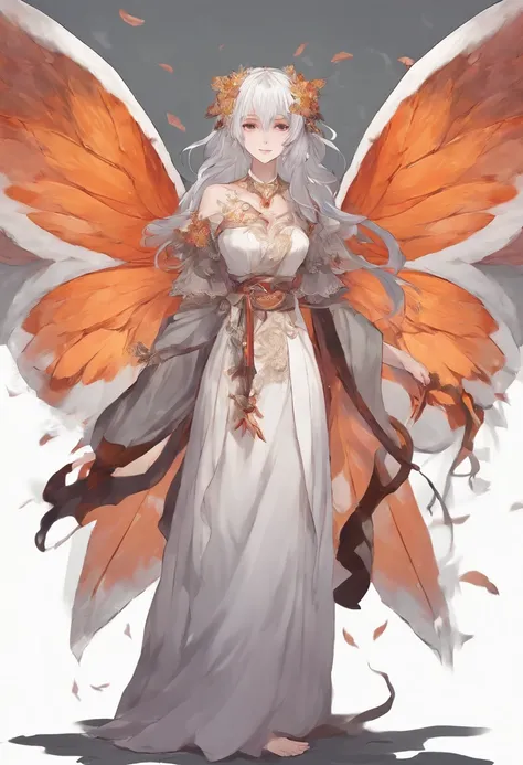 moth wings, white skin, wearing chongsam, grey hair, orange eyes, holding dagger, dark theme, forest background