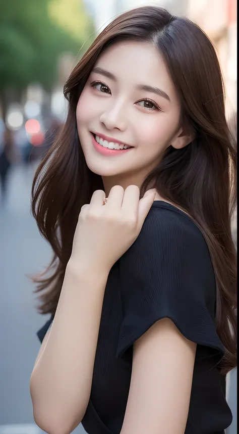 ((Best quality, 8k, Masterpiece :1.3)), 1girl, smiling, full body, slim face, Pretty woman, (Dark brown hair), full length dress :1.1, Ultra-detailed face, Detailed eyes, Double eyelid, blur background, slim face, city, outside, street,