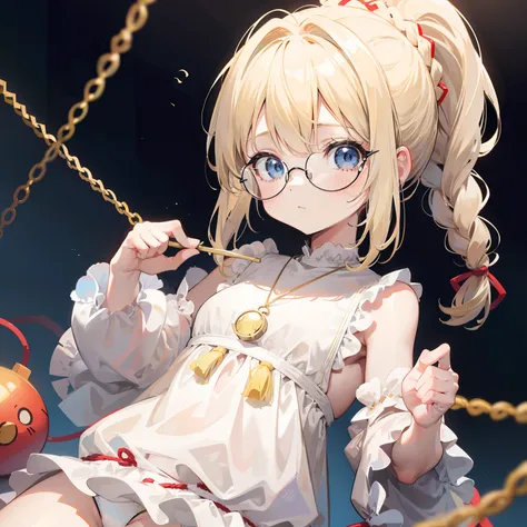 Light blond bangs，With a ponytail，With braids，The body is petite and tender，Very loli，Only very small，Black round glasses，Thick frame，Red rope pendant，Light yellow and blue childrens clothing