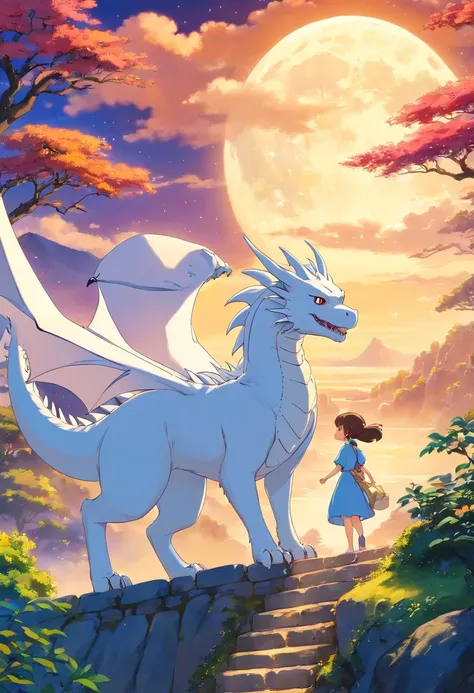 scenic view, soft moon illumination, uma menina jovem com um vestido simples, Riding a friendly little white dragon, voando sobre uma paisagem de montanha, Ghibli Style Studio, melhor qualidade, foco nítido, 8k, HDR,