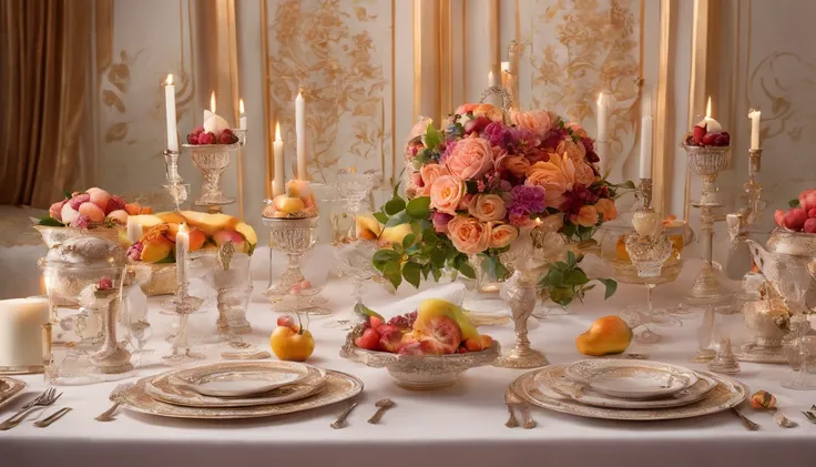 (Best quality, A high resolution, Masterpiece:1.2)French, Ultra-detailed, Surprisingly beautiful table set, Delicate flower arrangement, Natural lighting, Golden candlelight, Soft and warm color palette, Inviting atmosphere, Homely, Simple and elegant, Har...