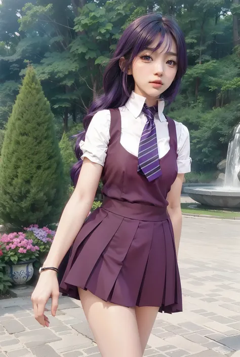 Real life adaption of this character, korean face beautiful, realistic same purple hair,realistic outfit, realistic light ,realistic shadow,hyper realistic, (photorealistic:1.2)