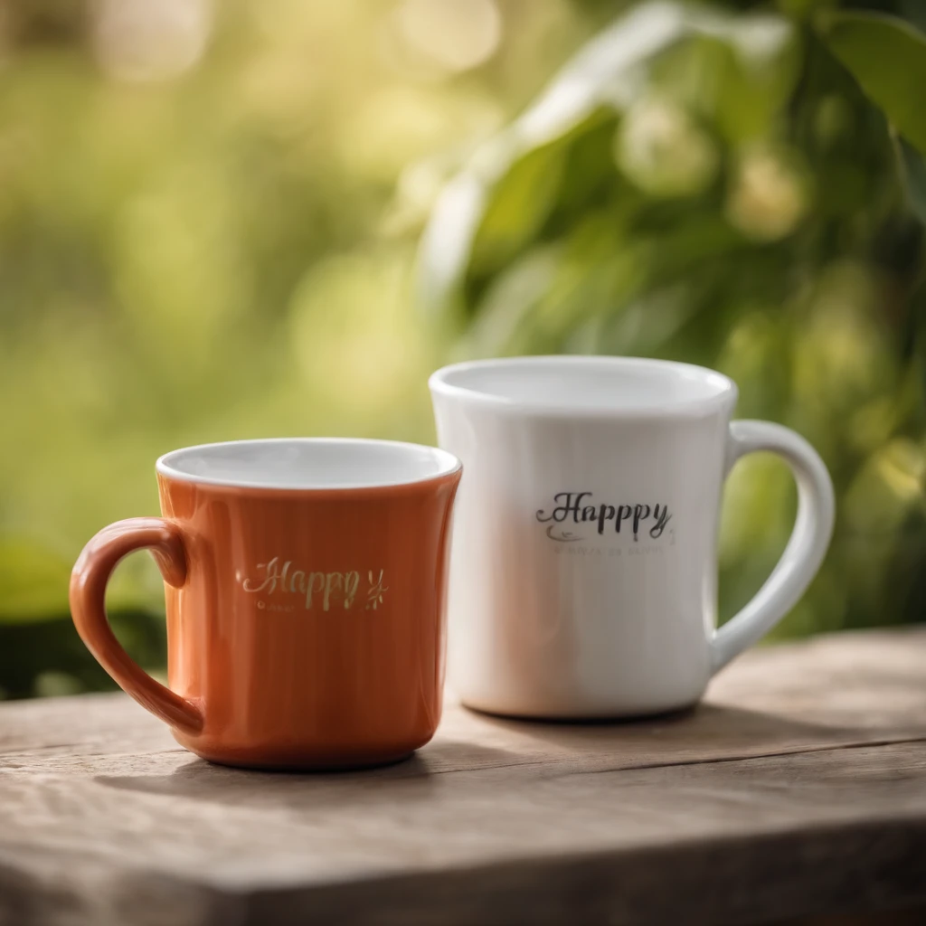 an extreme closeup shot：Delicate colored mugs，THE CUP HAS THE WORD HAPPY SUNDAY IN WHITE，Depth of field 1.8，sun light