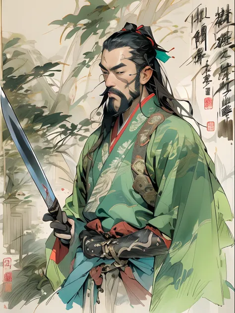 (((China-style，Ink painting method，Half-length portrait，Intense color，Han dynasty, China，Hanfu，Armor，Guan yu，Guan Yunchang，of a guy，Ruddy killing square face，Hold the Blue Dragon Moon Knife in his right hand，Stroke your beard with your left hand，Long hair，...