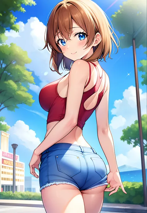 kousaka honoka, blue eyes, best quality, masterpiece, upper body, standing, solo focus, short hair, medium breasts, one-piece_ta...