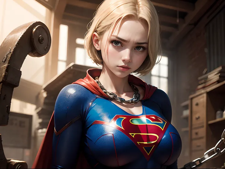 ​masterpiece、Short-haired Supergirl with a chain、large full breasts、Looking at the camera、Glossy costume、Tattered costume、Injury、heavy injury