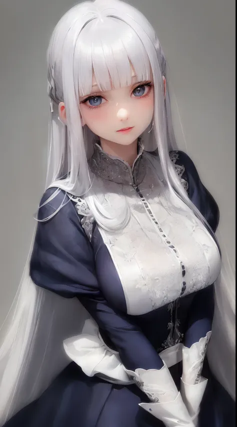 (((silber hair、Cowboy Shot、Upper body、 upper body closeup、Portrait、looking in camera)))、[monochromes:Subdued Color:2.6] theme, (masutepiece), (Best Quality), , Light Layer, Lustrous skin, (intricate-detail , taut clothes, ),  White hair, hime-cut, Blunt ba...